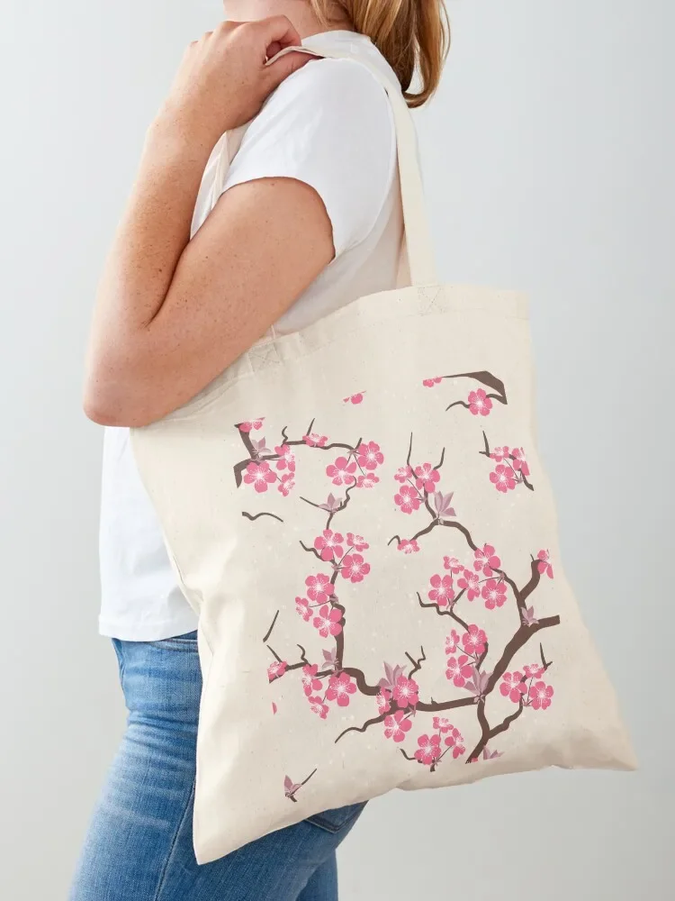 Pink and Cream Cherry Blossom Floral Print Tote Bag university shopper bag shopper bag women canvas shopping