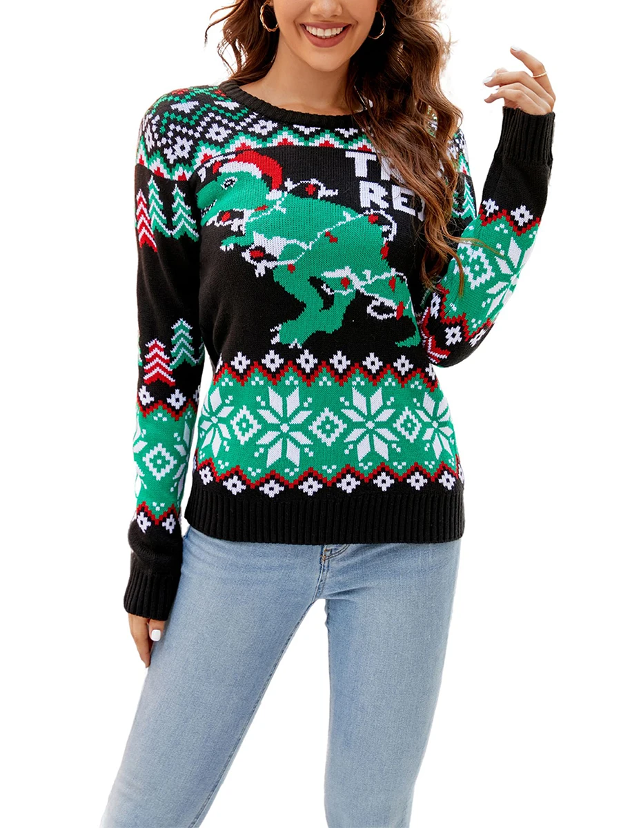 

New Fashion Womens Christmas Knit Sweater Long Sleeve Crewneck Dinosaur Christmas Tree Print Pullover Knitwear Hot Sale S M L