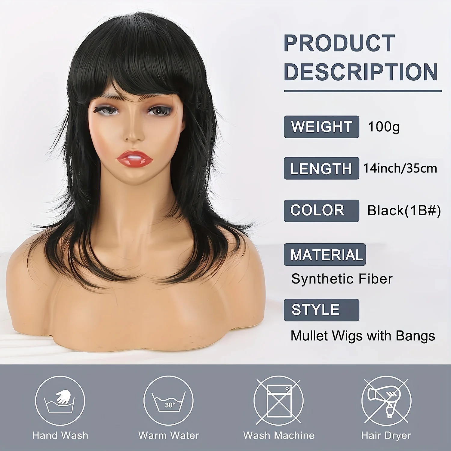 Black Women Synthetic Mullet Wig 80s 90s Black Mullet Wig with Bangs for Daily Party/Halloween/Cosplay