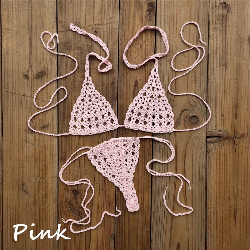 Micro Bikini 2021 Women Handmade Crochet Knit Swimwear Halter Patchwork Bathing Suit Swimsuit Biquini Thong Bikini Traje De Bano