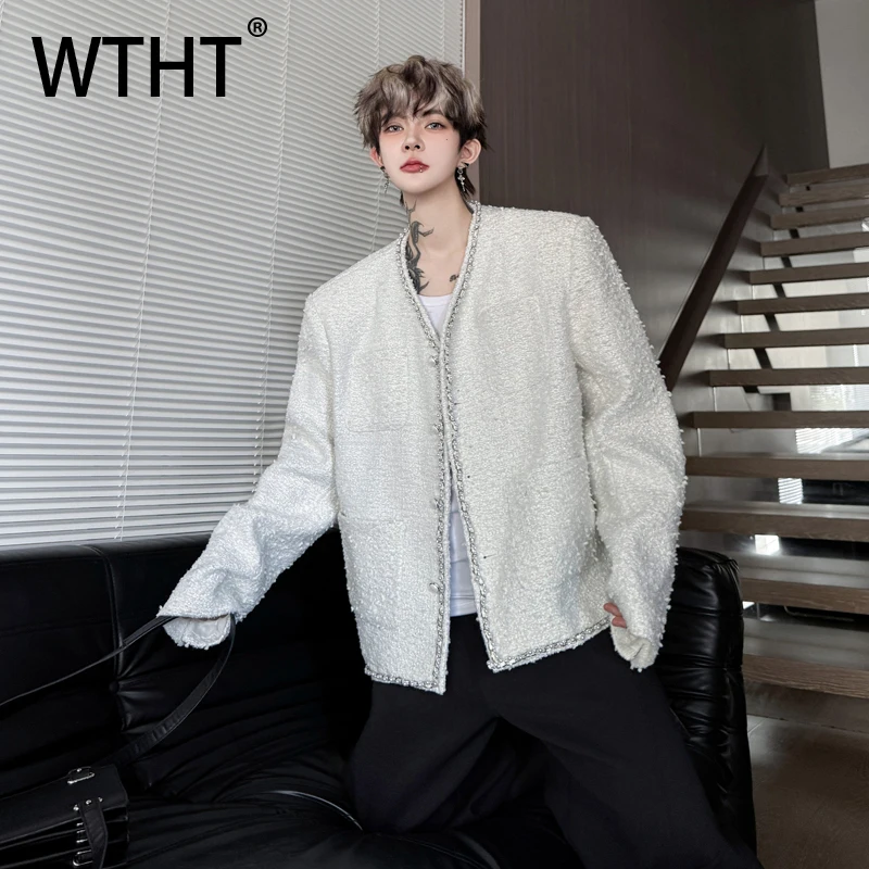 

WTHT Fashion Men’s Solid Color Burr Edge Design Casual Coats Trendy 2025 Autumn Round Collar Single-breasted Jackets Male 2A1867