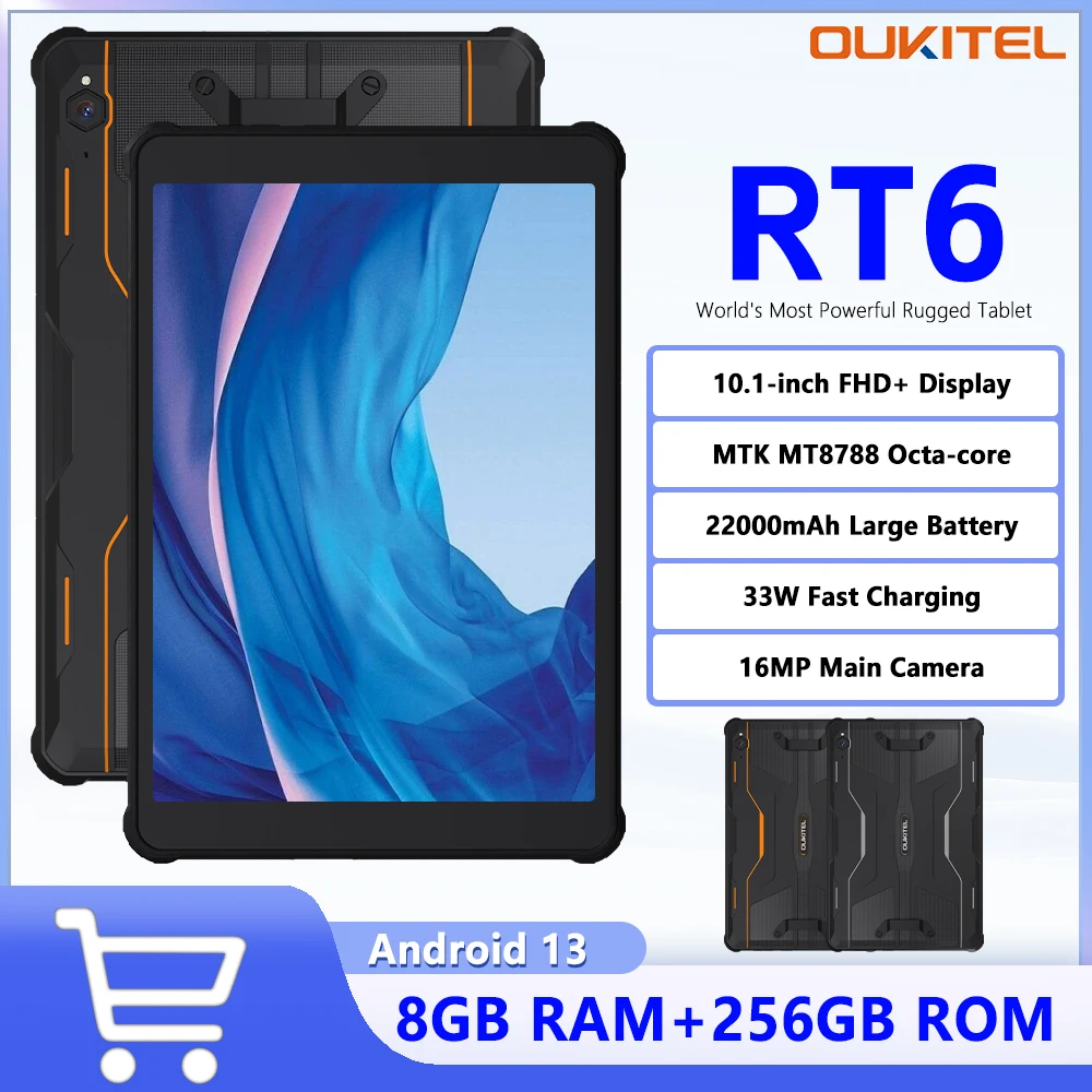 Oukitel RT6 Android 13 Tablet PC robusto 8GB + 256GB Octa-core 20000mAh Bateria 33W Carregamento 10,1 polegadas FHD + Dispaly Câmera de 16MP