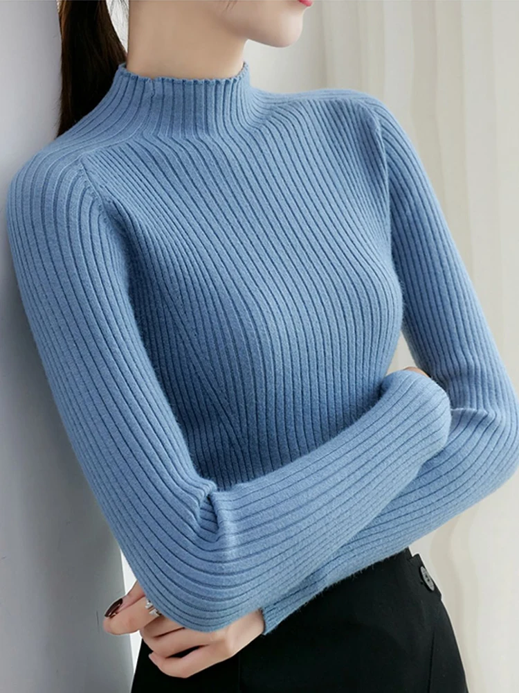 Women Ribbed Knitted Sweaters 2024 Autumn Winter Pullover Mock Neck Long Sleeve Slim Sweater Woman Solid Casual Knitwear Tops