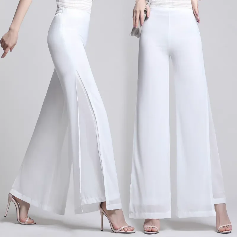 Pantalones de pierna ancha de gasa de doble capa, pantalones finos con abertura lateral para mujer, pantalones informales de cintura alta para primavera y verano 2024