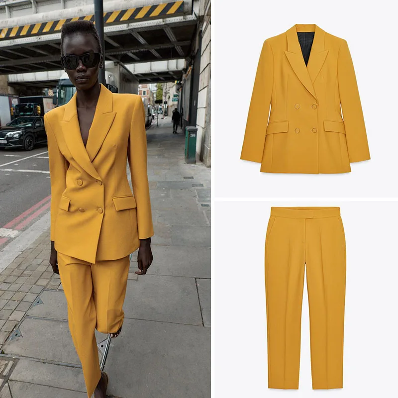 

Новый осенний женский двубортный костюм Jaet с высокой талией, комплект длинных брюк для похудения, модная рабочая одежда Ele, ансамбль