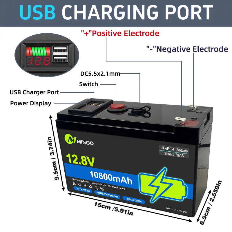12.8V 10800mAh LiFePO4 Lithium Battery with BMS system&USB,5000+ Deep Cycles Battery for Trolling Motor,Fish Finder,Solar System