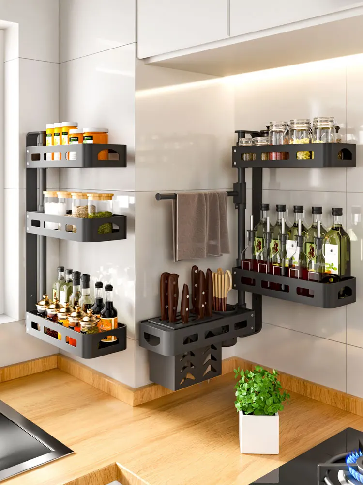 Kitchen rotating spice rack, non-perforated, corner shelf, wall-mounted space aluminum cruice bottles and cans, multi-functional