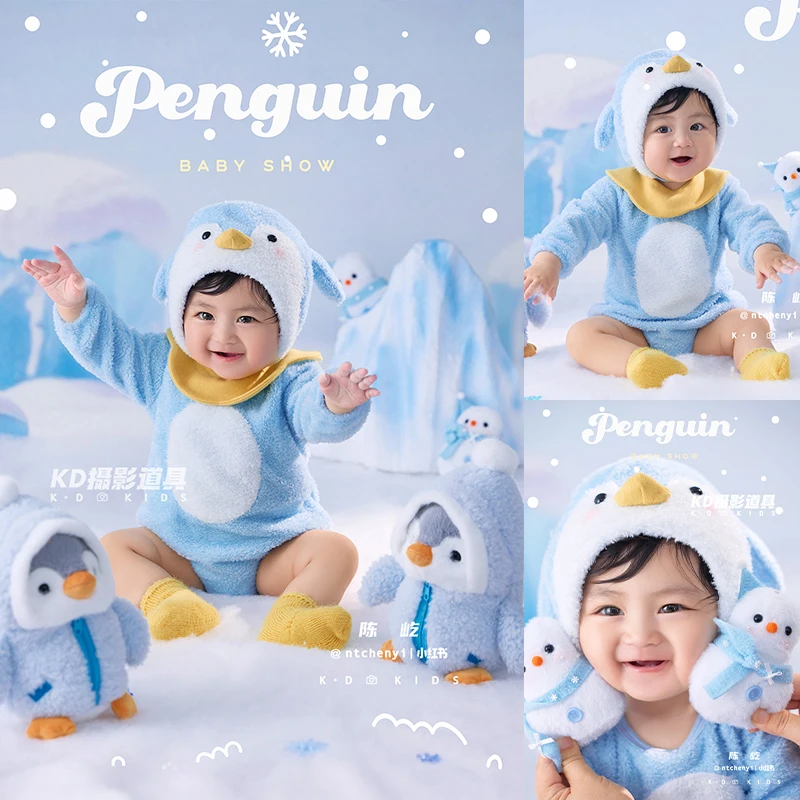 

Penguin Baby Theme Newborn Photography Outfit 3-4 month Baby Romper with Hat Cute Penguin Plushies Infant Animal Cosplay Costume