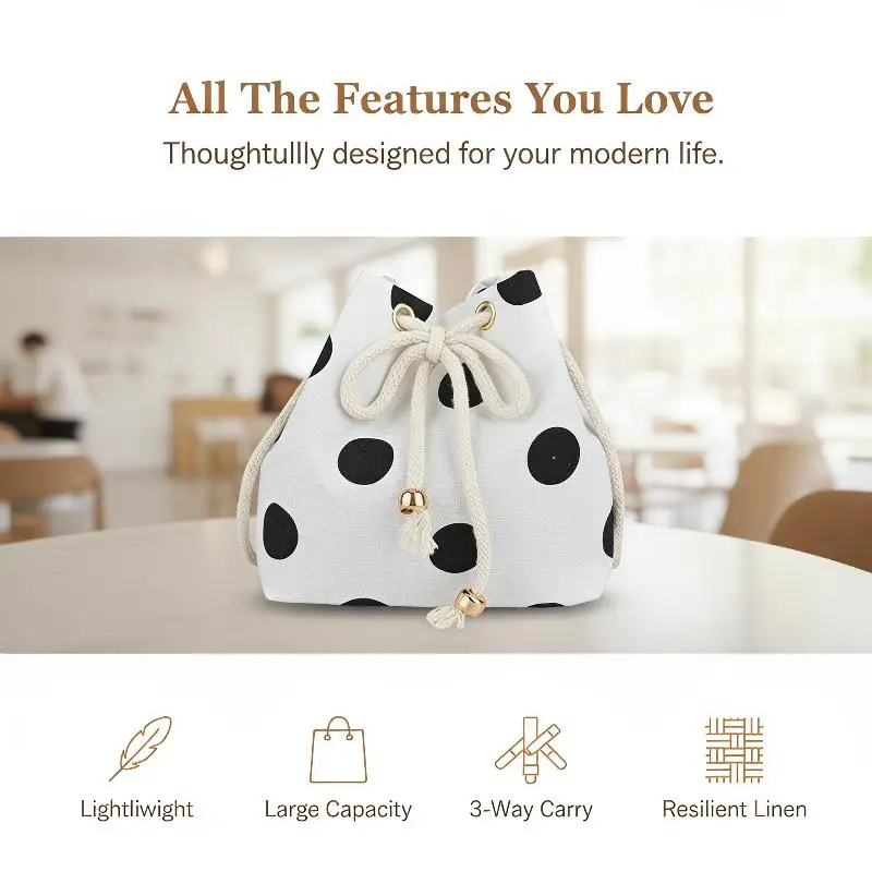 @*Polka Dot Nylon Drawstring Crossbody Bag Soft Adjustable Strap Lightweight Shoulder Purse for Daily Travel Shopping