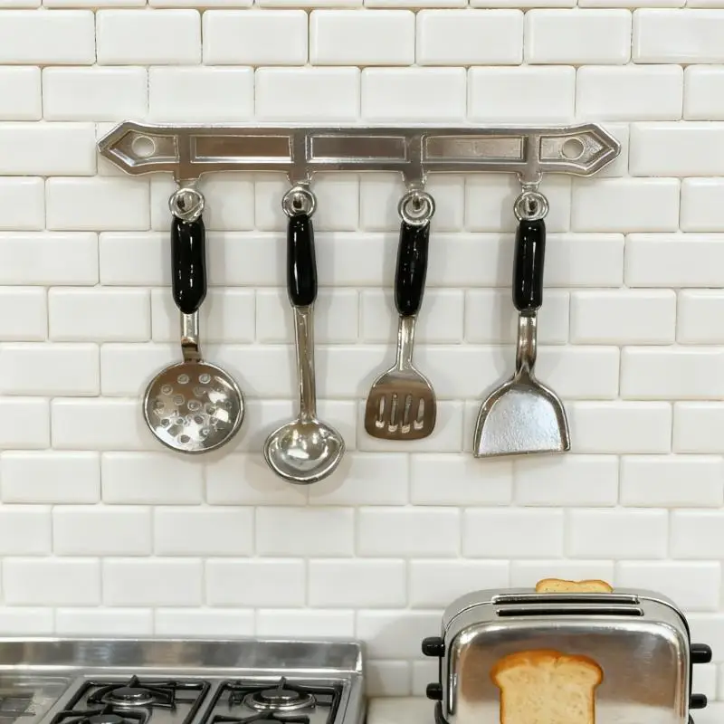 1 Set Dollhouse Miniature Vertical Hanging Spatula Soup Spoon Funnel Kitchen Tools For Doll House Decor Kids Pretend Play Toys