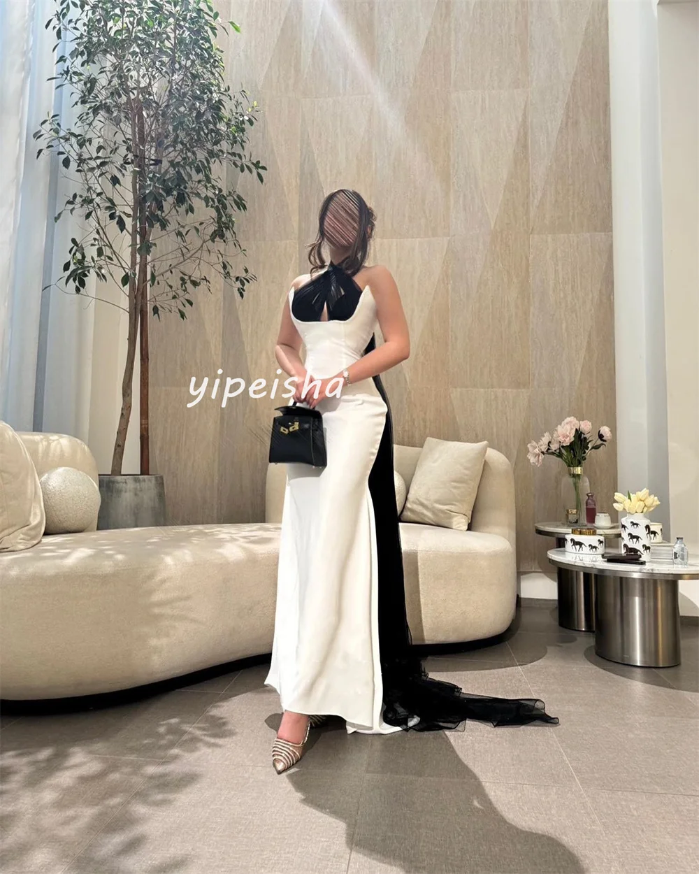 Customized Matching Classic Jersey Pleat Mermaid Halter Long Dresses Cocktail Dresses Exquisite Elegant Chinese Style Pastrol Fa