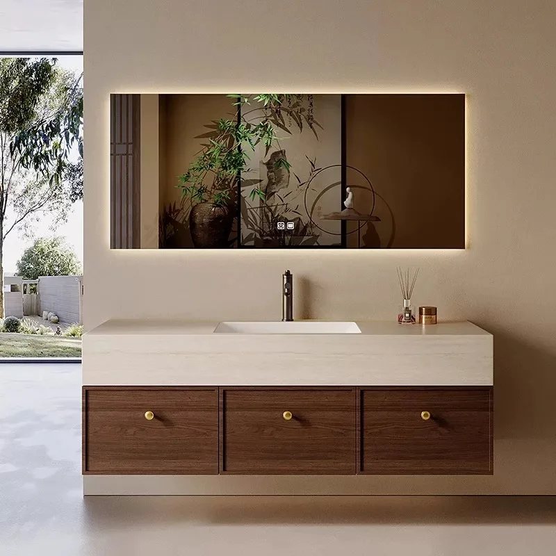 

Medieval style rock slab hot bending integrated basin bathroom cabinet combination bathroom hand washbasin intelligent storage s