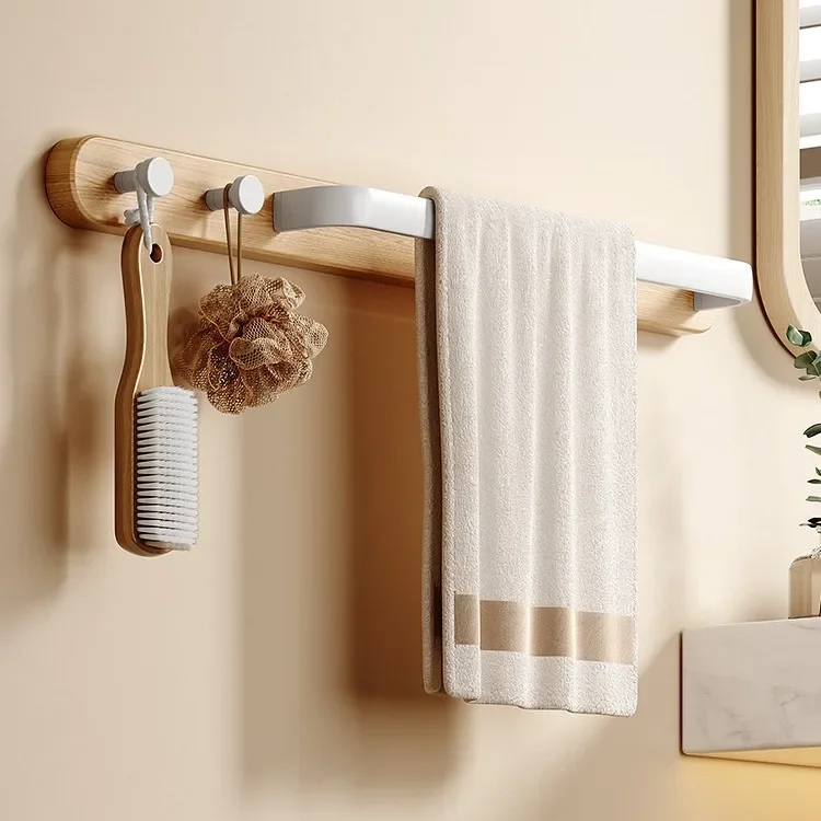

HeMu No Drill Wooden Towel Rack with Hooks, Wall Mounted Multifunctional Bathroom Organizer for Towels, Bath Sponges and Brushes