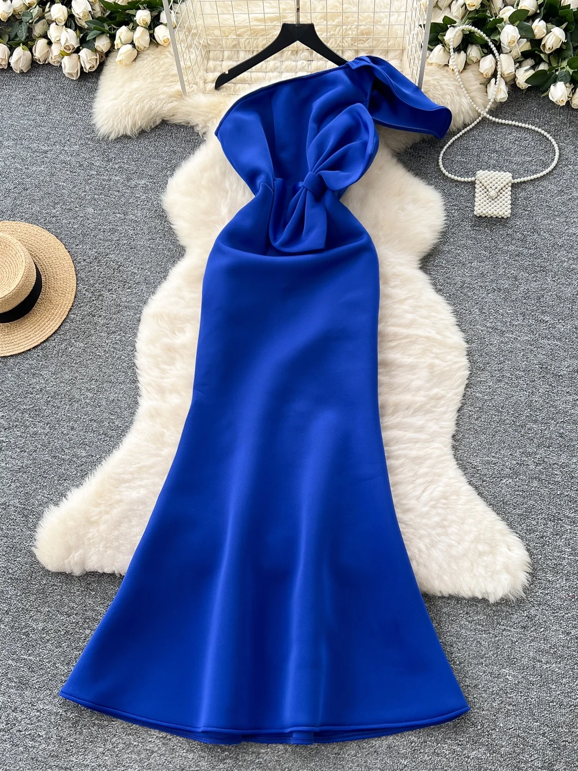 Abito da sera blu Design unico da donna Vita con nodo 3D Dimagrante oulder off Fi Tail Dr Coreano Sle Vita alta