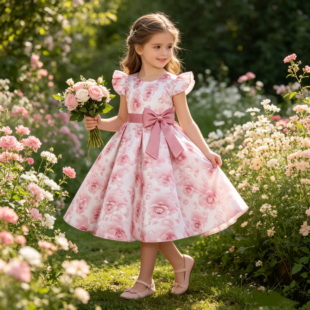 2026 Summer New Dress Europe and the United States Small Fly Sleeve Printed Dress Little Girl Host High-End Performance Clothing