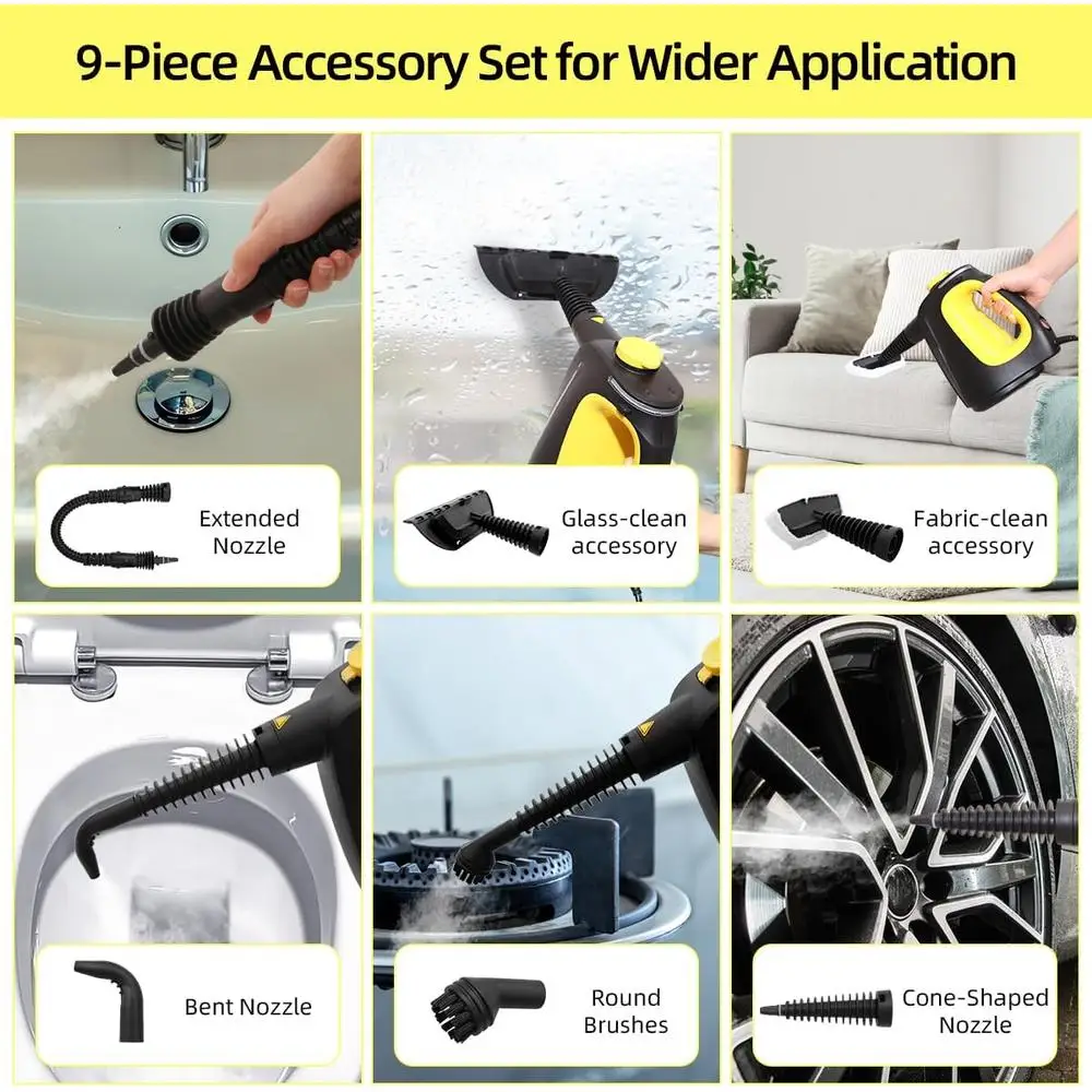 Ручной пароочиститель высокой мощности, универсальный отпариватель 1350 Вт с 9 аксессуарами, непрерывный паровой предохранительный замок, естественная очистка