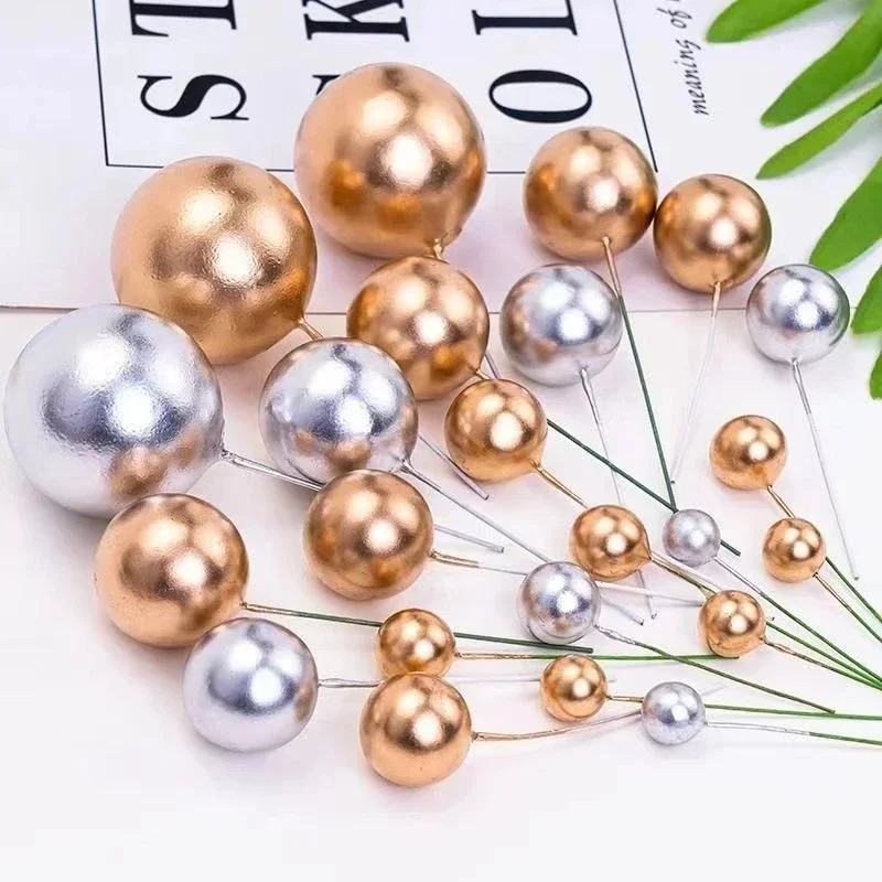 20PCS Cake Topper Ball Set Gold Silver Smooth Spheres DIY Birthday Cupcake Decor for Party Celebrate Wedding Glitter Balls 2-4cm