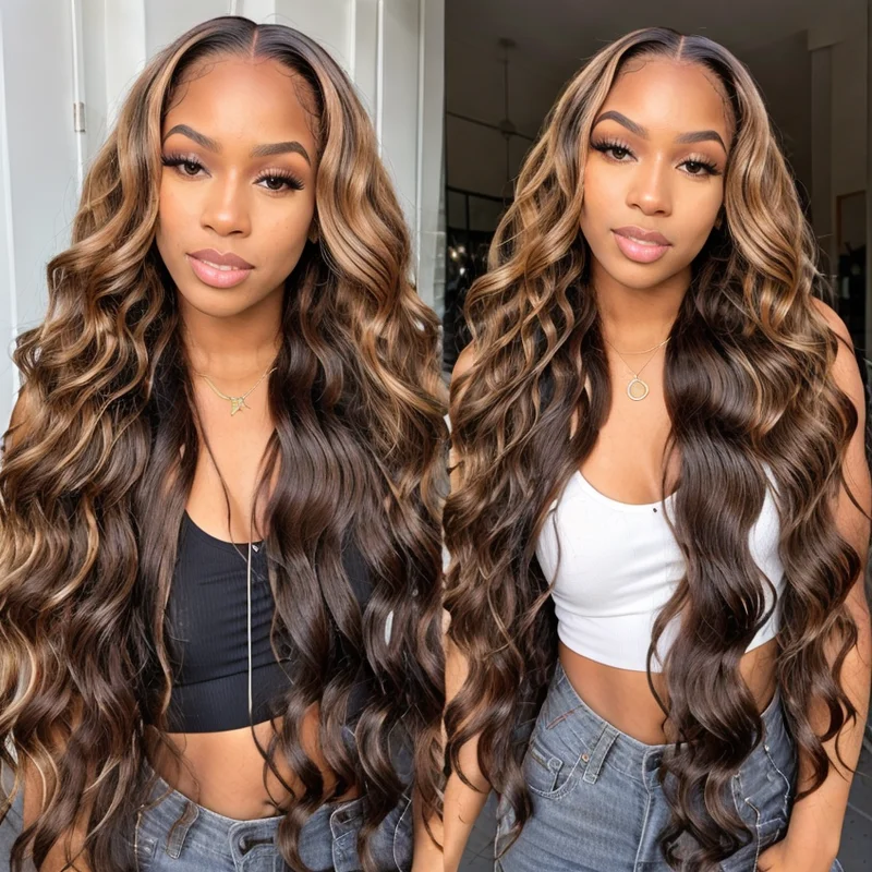 4/27 Highlight Body Wave Wig 13x4 Human Hair Lace Wigs Body Wave Transparent Lace Part Wig Pre Plucked For Women 250% Density