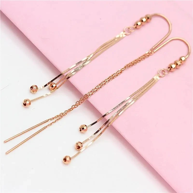 585 purple gold long ear line 14k rose gold geometric round bead fashion soft chain tassel earrings for women luxury jewelry