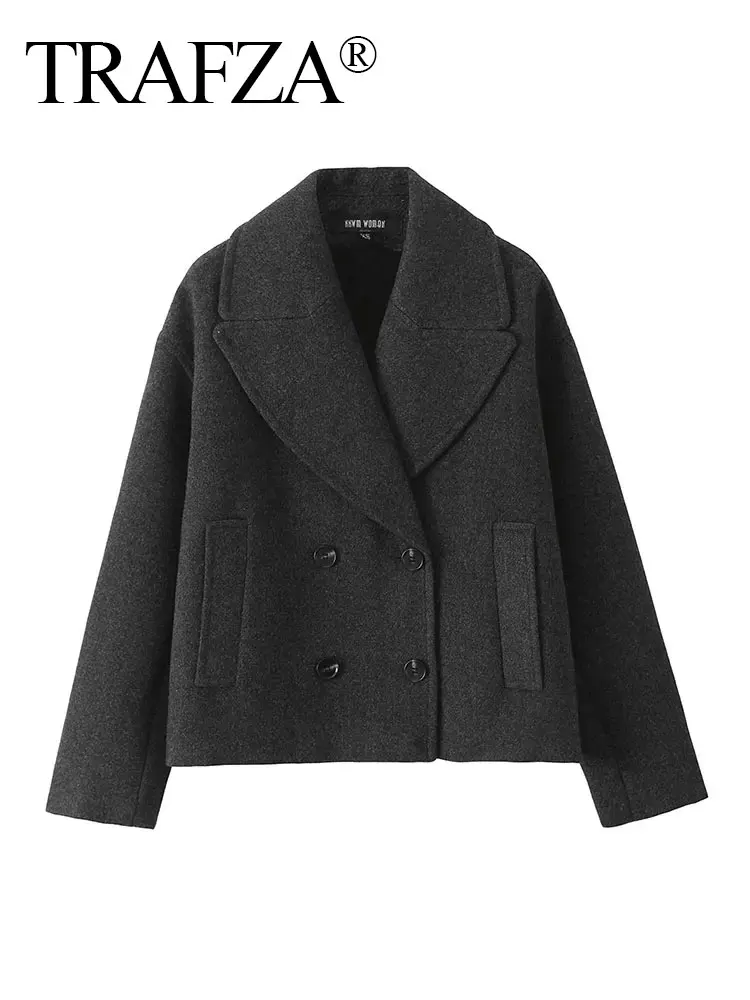

TRAFZA Woman Coat Solid Lapel Long Sleeve Double-Breasted Jacket Female 2025 Winter Commute Streetwear Women's New In Outwear