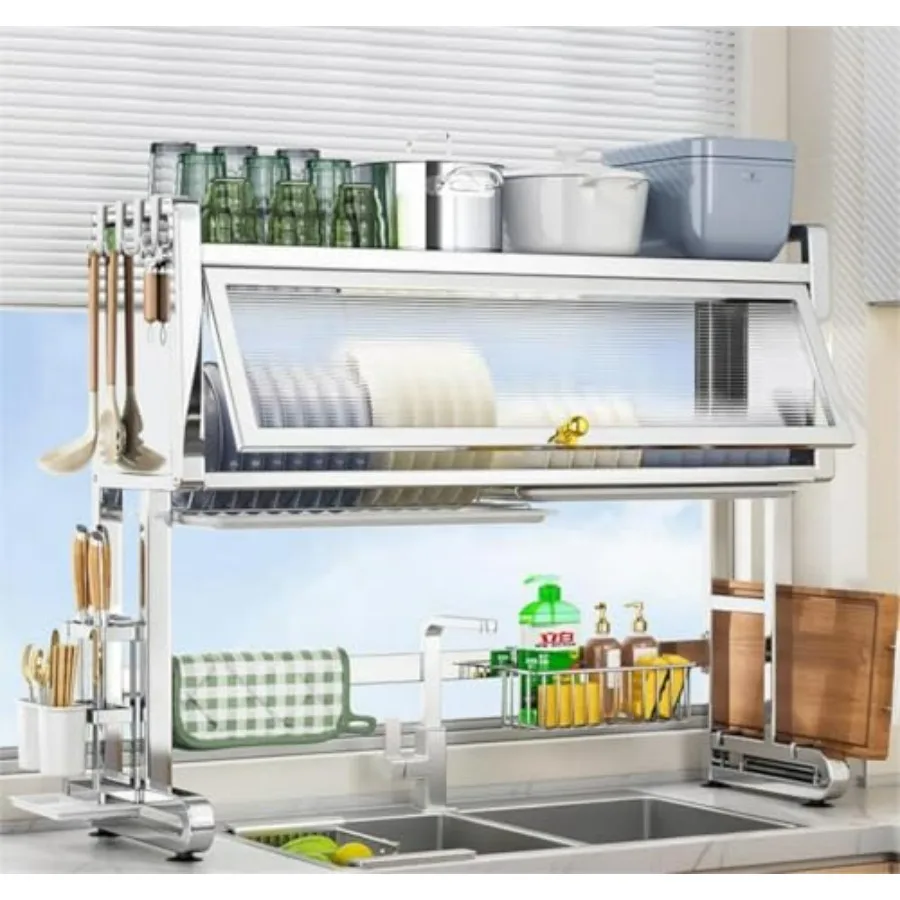 2 طبقات فوق بالوعة تجفيف الأطباق الرف مع صينية استنزاف حوض الفولاذ المقاوم للصدأ تجفيف الرف مع سعة كبيرة طبق تخزين المطبخ R #1