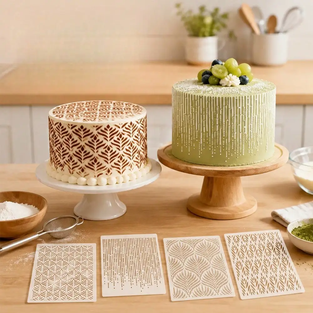 4Pcs Floral Wedding Cake Stencils, Wheat & Leaf Border Molds, Reusable Buttercream Templates for DIY Baking Decor