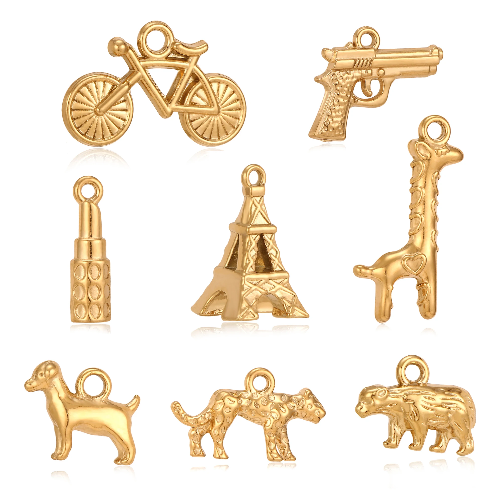 3Pcs Wild Animal Bear/Giraffe/Hunting Dog Charms for Bracelet Jewelry Making Stainless Steel Tower/Lipstick DIY Necklace Pendant