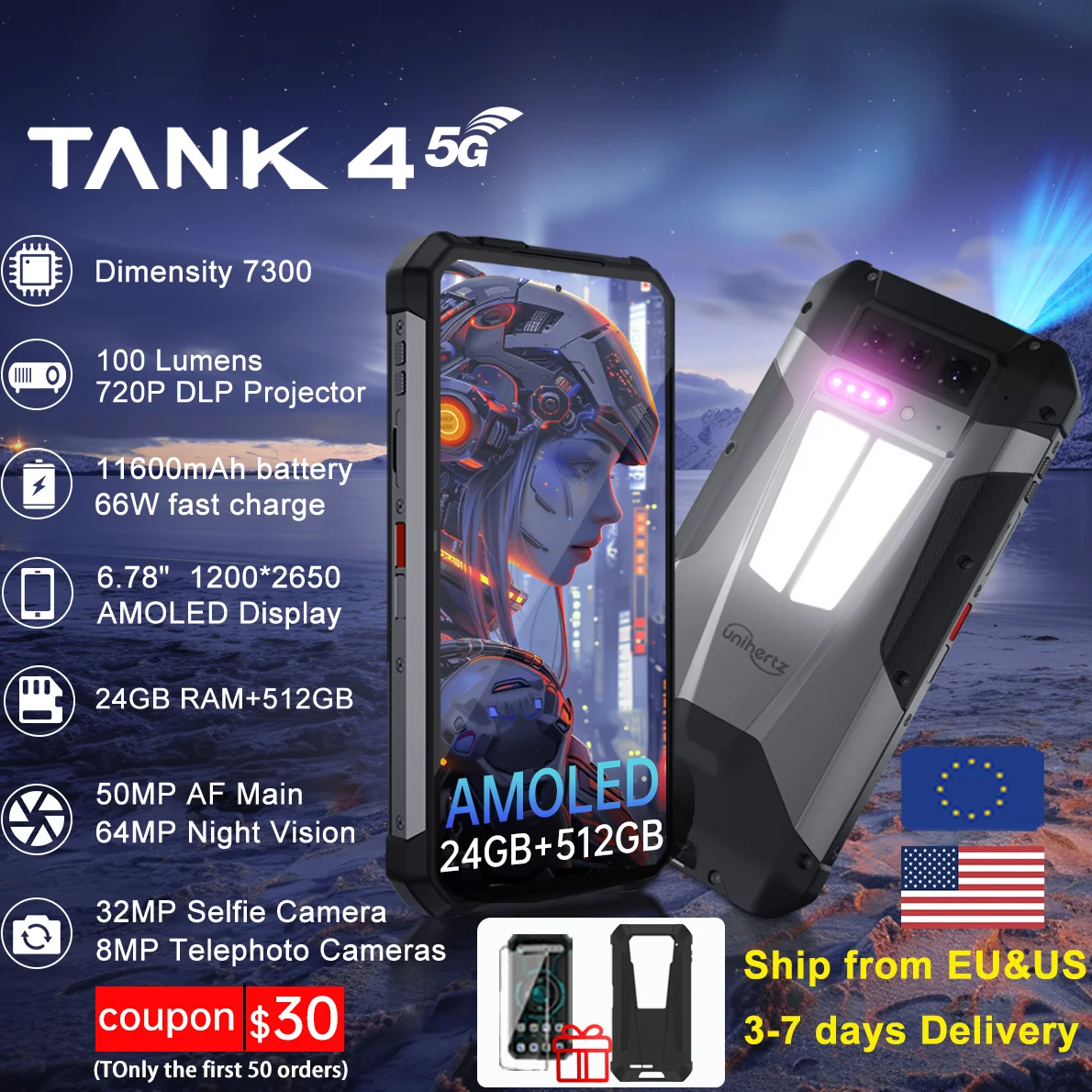 World premiere】Unihertz by 8849 Tank 4 Smartphone Built-in 720P Projector 5G Phone 24+512GB 11600mAh Dimensity 7300 AMOLED 120H