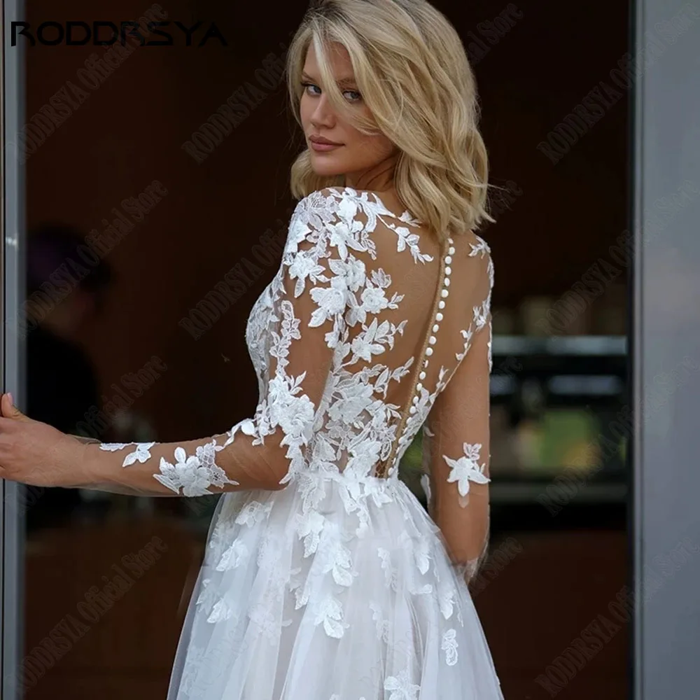 Roddrsya elegante vestido de novia de encaje de letra a calcomanía de cuello redondo de manga largRODDRSYA-vestido De Novia De encaje elegante, traje De manga larga con cuello redondo, apliques De botones, talla grande