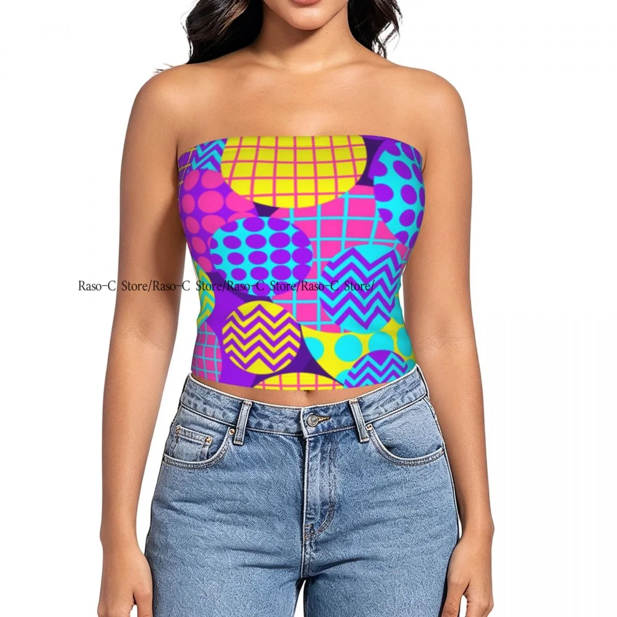 Strapless Sexy Tube Tops Summer Outfits Women Backless Shoulder Wrap Circles 1980s Style Geometric Memphis Female Crop Top