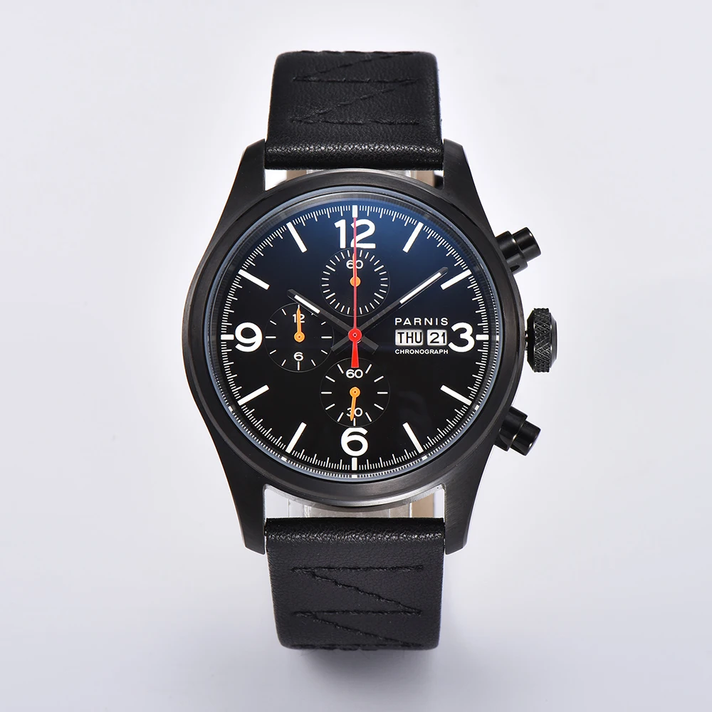 

Parnis 42mm Black Case Quartz Chronograph Men Watch Leather Strap Week Display Calendar Men's Wristwatches Top Luxury Brand Gift