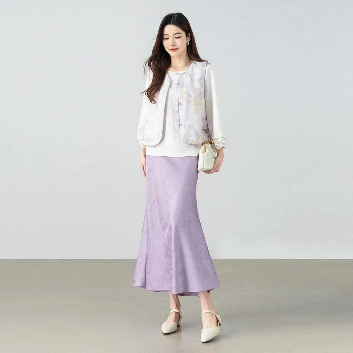 SENTUBILA Women's Elegant Texture Jacquard Satin Skirts 2026 Ladies Spring Autumn Purple High Waist Mermaid Skirt 162QH6805
