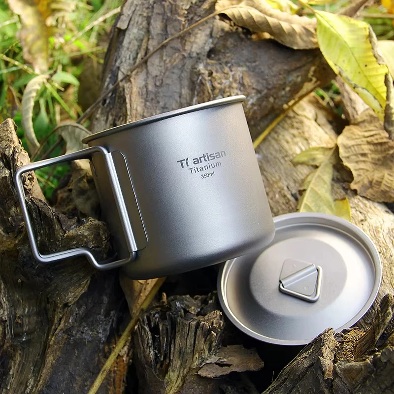 Tiartisan Outdoor Titanium Lightweight Portable Tea Coffee Cup Folding Handle Camping Water Mug for Hiking Travelling