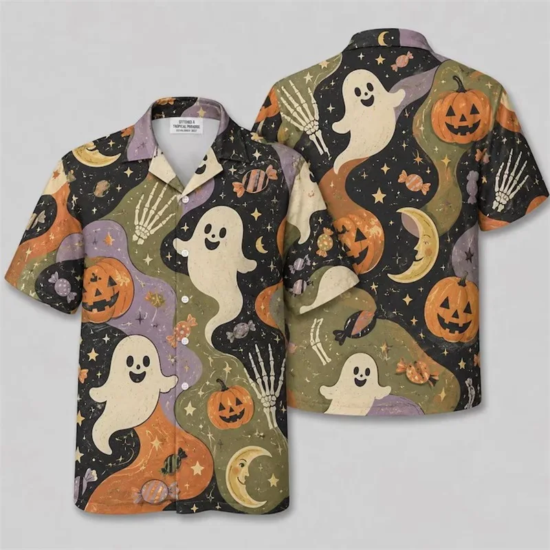 Men Retro Halloween Hawaiian Shirt 3D Print Ghost Pumpkin Skeleton Moon Candy Short Sleeve beach shirts Holiday Party Casual Top