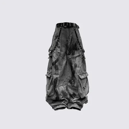 American Style Spliced Deconstructed Sash Workwear Jeans Men's Four Seasons Trendy High Street Multi Pocket Hole Wide Leg Pants