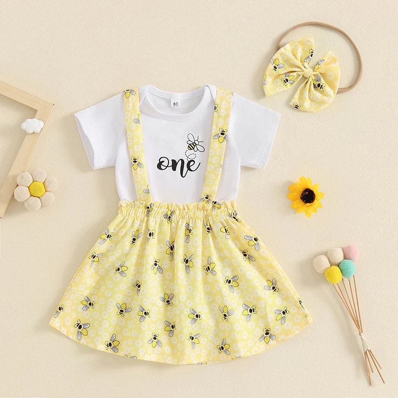 BULINGNA Baby Girl Summer 1st Birthday Outfits Short Sleeve One Bodysuit Bee Print Suspender Skirt Headband Clothes Set