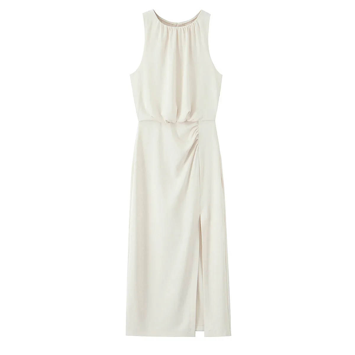 2025 Elegant Women Summer Ruched Waist Midi Dress Casual Sleeveless O Neck Slit Bodycon Party Beach Vacation Dress