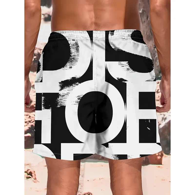 Men's Summer Casual Shorts Black White Contrast Large Letter Print Drawstring Waist Regular Fit Sports Texture Fabric Machine