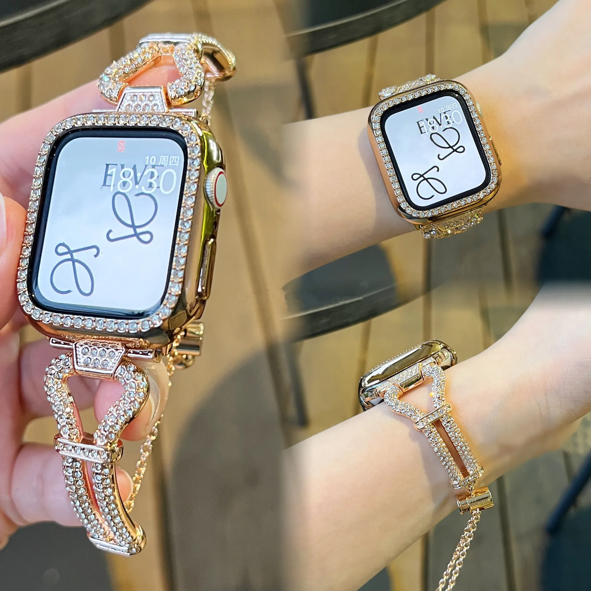 الفاخرة الماس سوار فولاذي غير قابل للصدأ لساعة أبل 9 8 SE 7 6 5 4 حزام المرأة ربط سوار ل iWatch 38/40/41/42/44/45/49 مللي متر