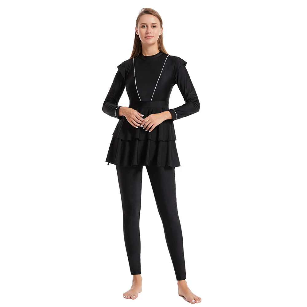 Modest Women Muslim Ruffles Long Sleeve Swimsuit 3pcs Set Hijab Burkini Full Cover Sport Swimwear Beachwear Suit Costume Bathing