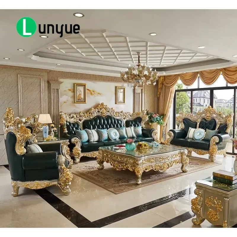 Luxury Royal European Leather Sectional Sofa Solid Wood Carved Nordic Style Whole House Furniture Set Hotel Villa Apartment