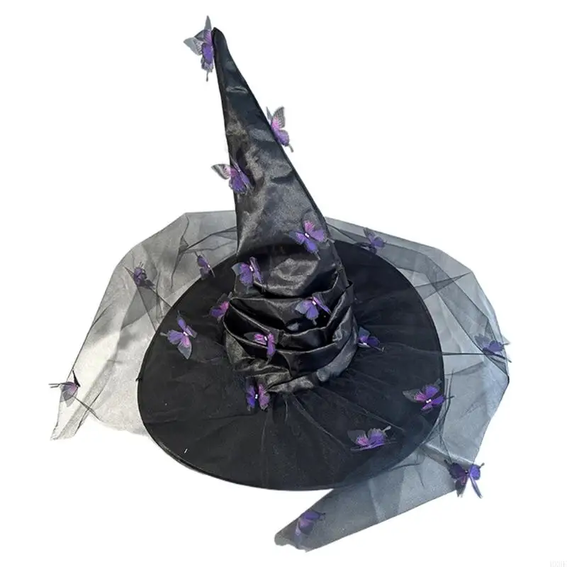 HX6F Modern Halloween Witch Hat with Butterfly Applique Women Lady Halloween Party Hat Festival Carnivals Party Cosplay Hat