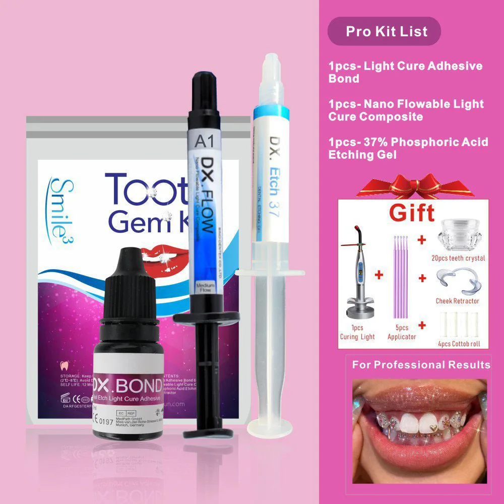 Dente gem kit com luz de cura e cola diy jóias odontológicas diamante cristais ornamento auto gravura resina ortodôntico gel adesivo