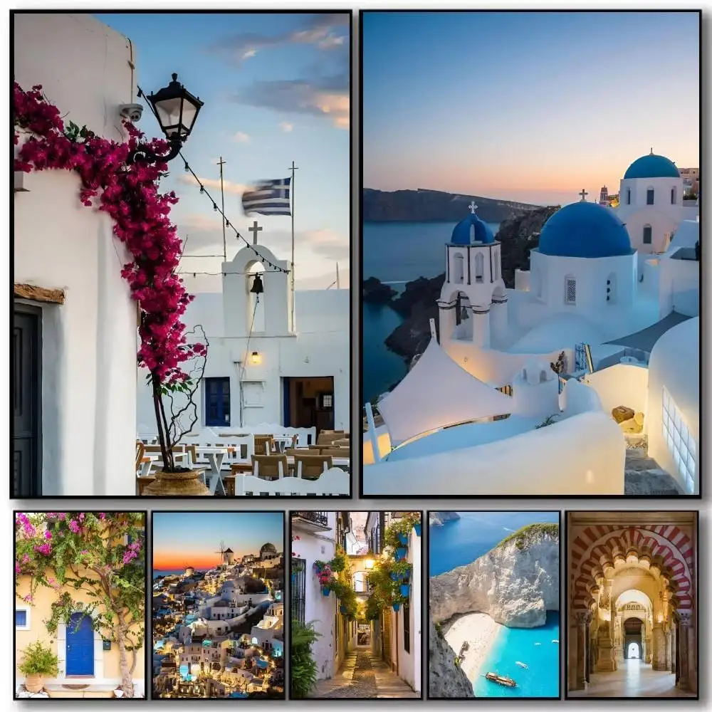 Greek Coastal Town Of Santorini And Paros Violet Landscape Poster Art With Prints Home Bedroom Living Room Decoration Gift