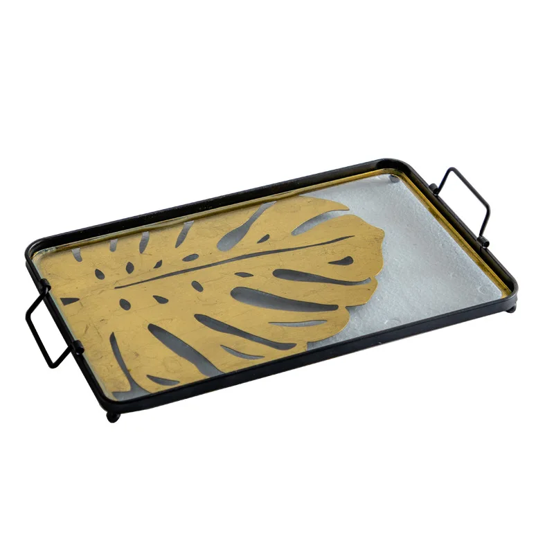 

Light luxury household fruit plate wrought iron gold, hotel model room decoration ornament retro metal teacup tray