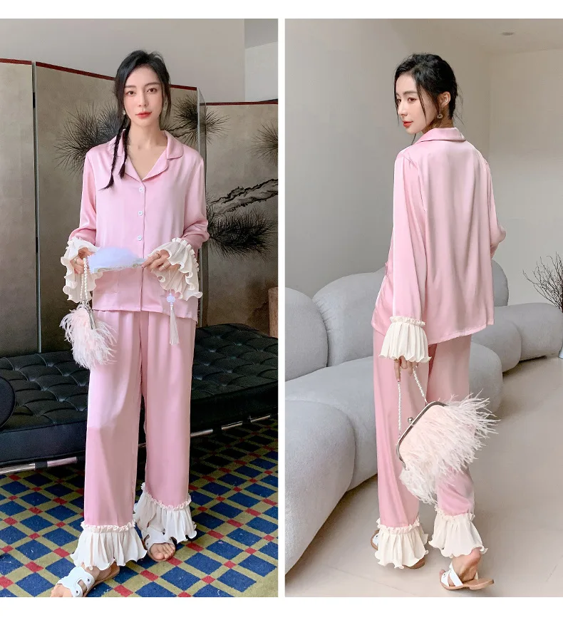 Elegant Home Clothing Rayon Sleepwear Pink Sleep Set Women Loungewear Sexy Lapel Shirt&pants Elegant Pyjamas Suit Nightwear