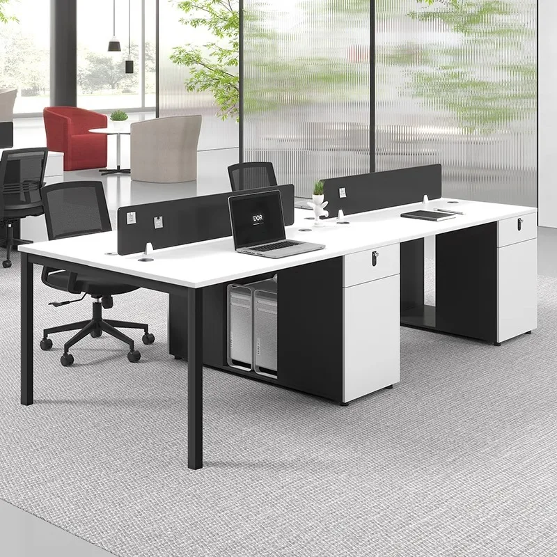 Modern Staff Desks-Four Six Person Computer Desks With Durable Wooden Paneling Easy Assembly & Storage Cabinet. Office Furniture