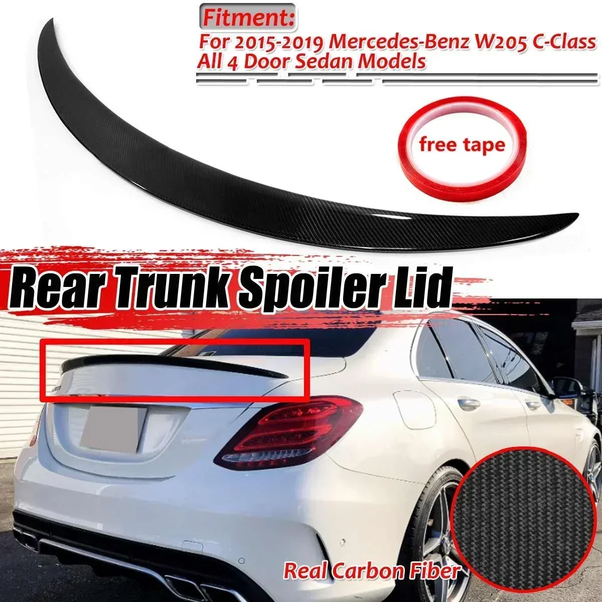 Car Real Carbon Fiber Boot Spoiler Wing Trunk Spoiler Wing For Mercedes For Benz W205 C300 C400 4MATIC 2015-2017