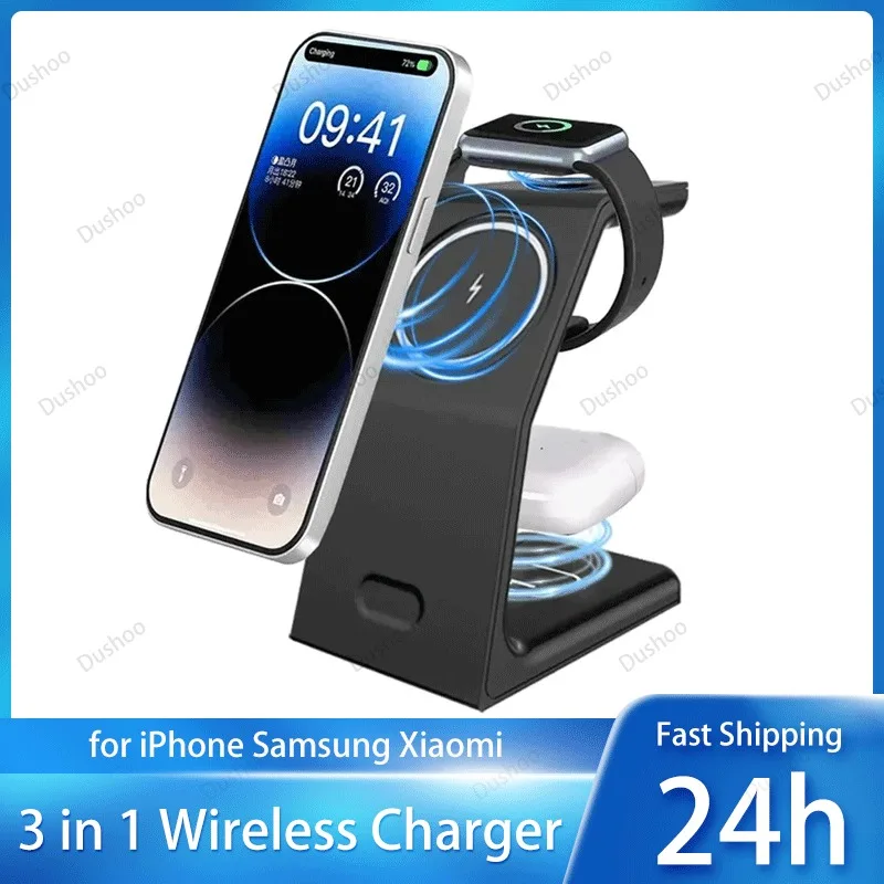 

Дорожная магнитная подставка для беспроводного зарядного устройства 3-в-1, станция быстрой зарядки для iPhone 17 16 15 14 13 iWatch 10/9/8/7 SE AirPods Pro 4/3