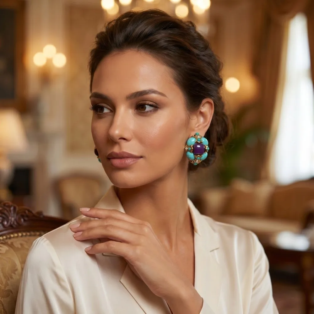Alloy Irregular-shaped Ear Stud Peacock Blue Crystal Flower Earrings Elegant Vintage Medieval Resin Earrings Banquet